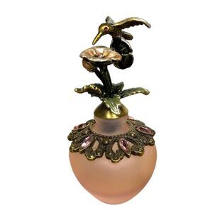 Vintage Satin Glass Hummingbird Perfume Bottle Pink Jeweled Collectible